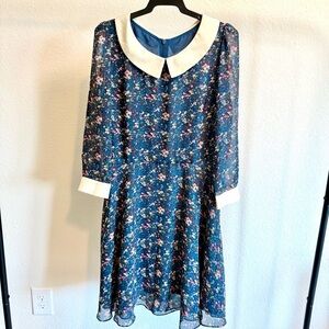 Floral Blue Dress with White Peter Pan Collar size 160 or XS